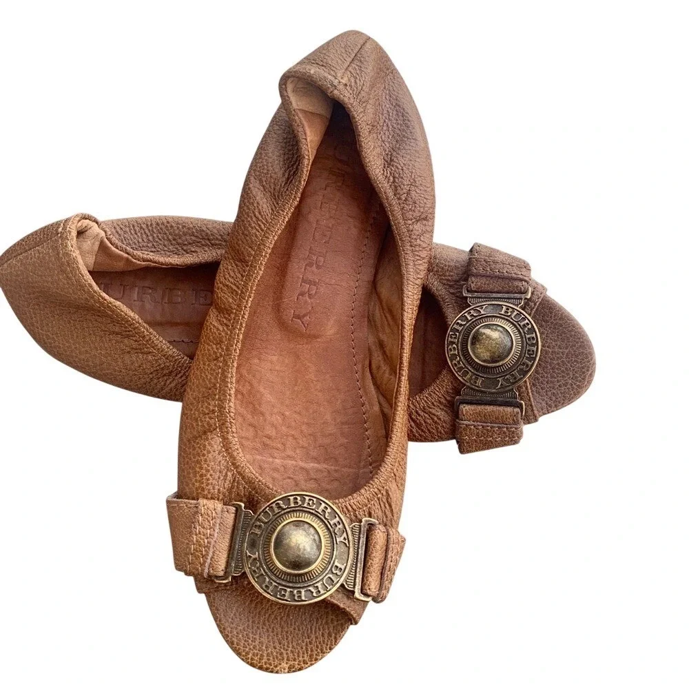 Burberry luxury‎ Leather Medallion Peep Toe flats loafers vintage shoes